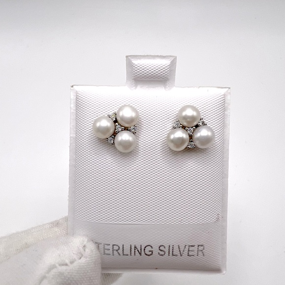 .925 Sterling Silver Simulated Pearl and Clear Cz Earrings - Picture 5 of 17